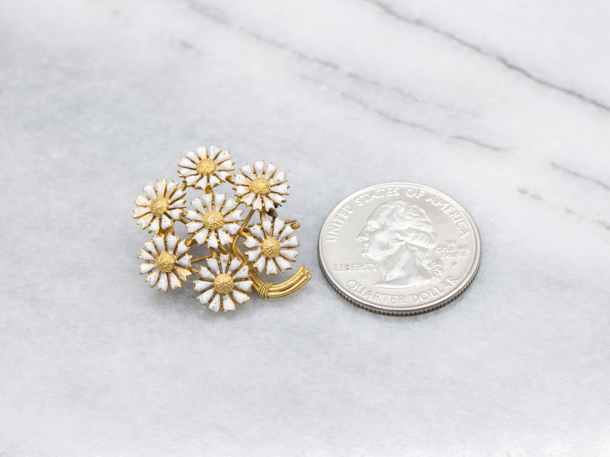 Antique Enamel Daisy Flower Bouquet Gold Brooch