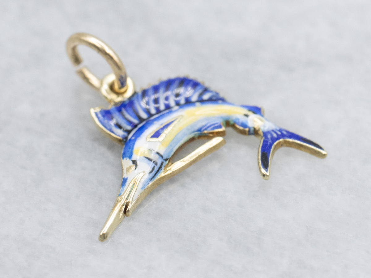 Blue and Yellow Enamel Gold Sailfish Charm