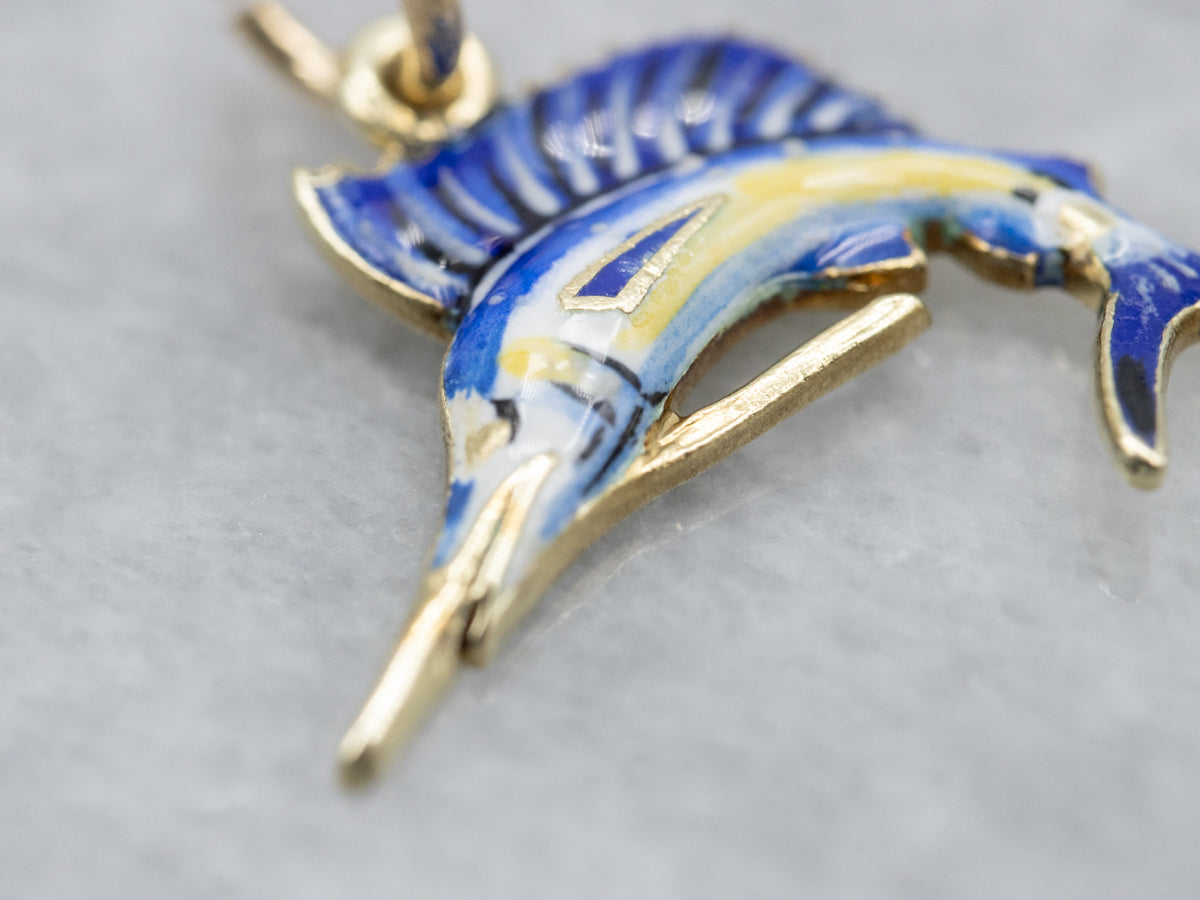 Blue and Yellow Enamel Gold Sailfish Charm