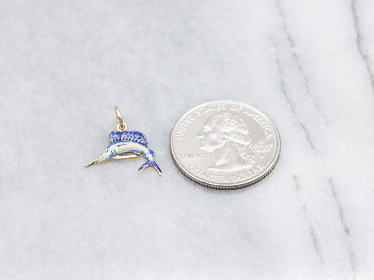 Blue and Yellow Enamel Gold Sailfish Charm