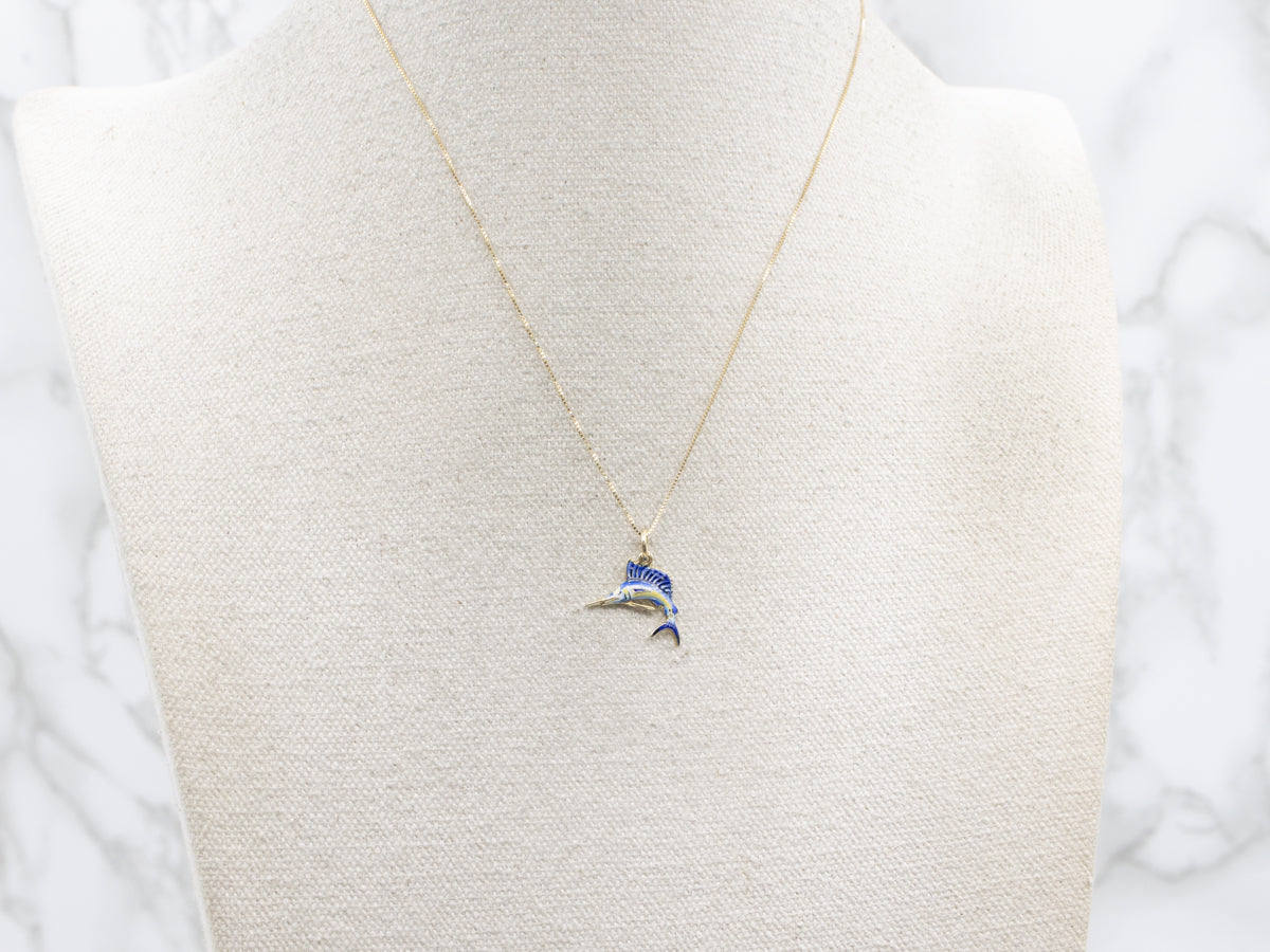 Blue and Yellow Enamel Gold Sailfish Charm