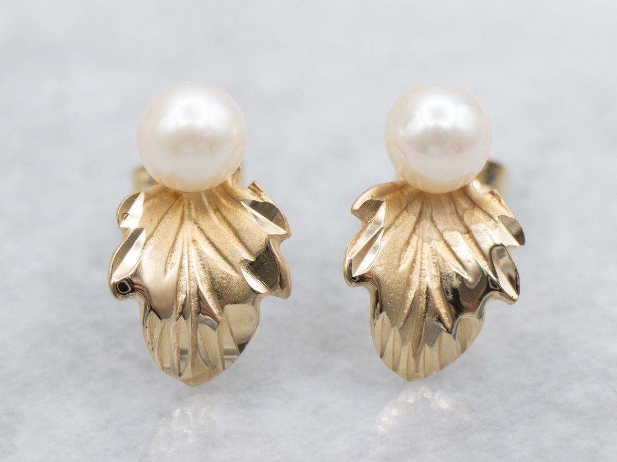 Botanical Gold Saltwater Pearl Stud Earrings