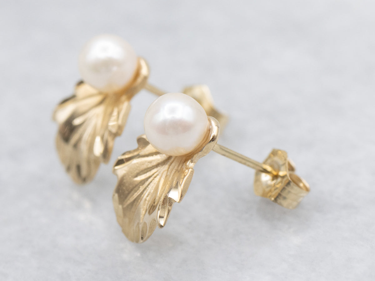 Botanical Gold Saltwater Pearl Stud Earrings