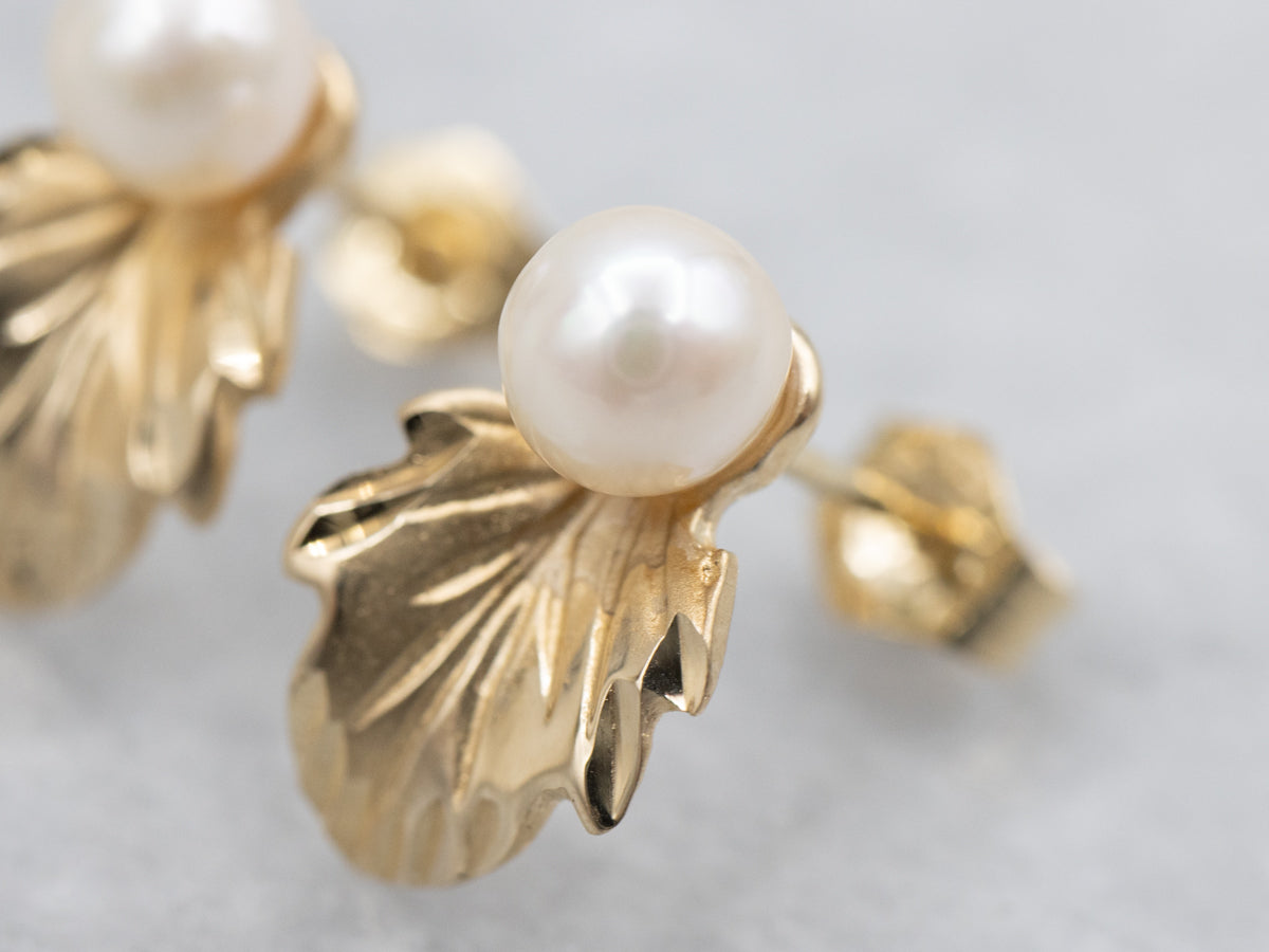 Botanical Gold Saltwater Pearl Stud Earrings