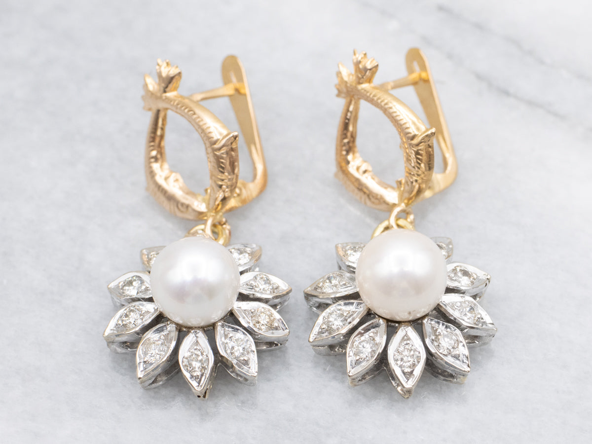 Two Tone Pearl and Diamond Floral Drop Earrings