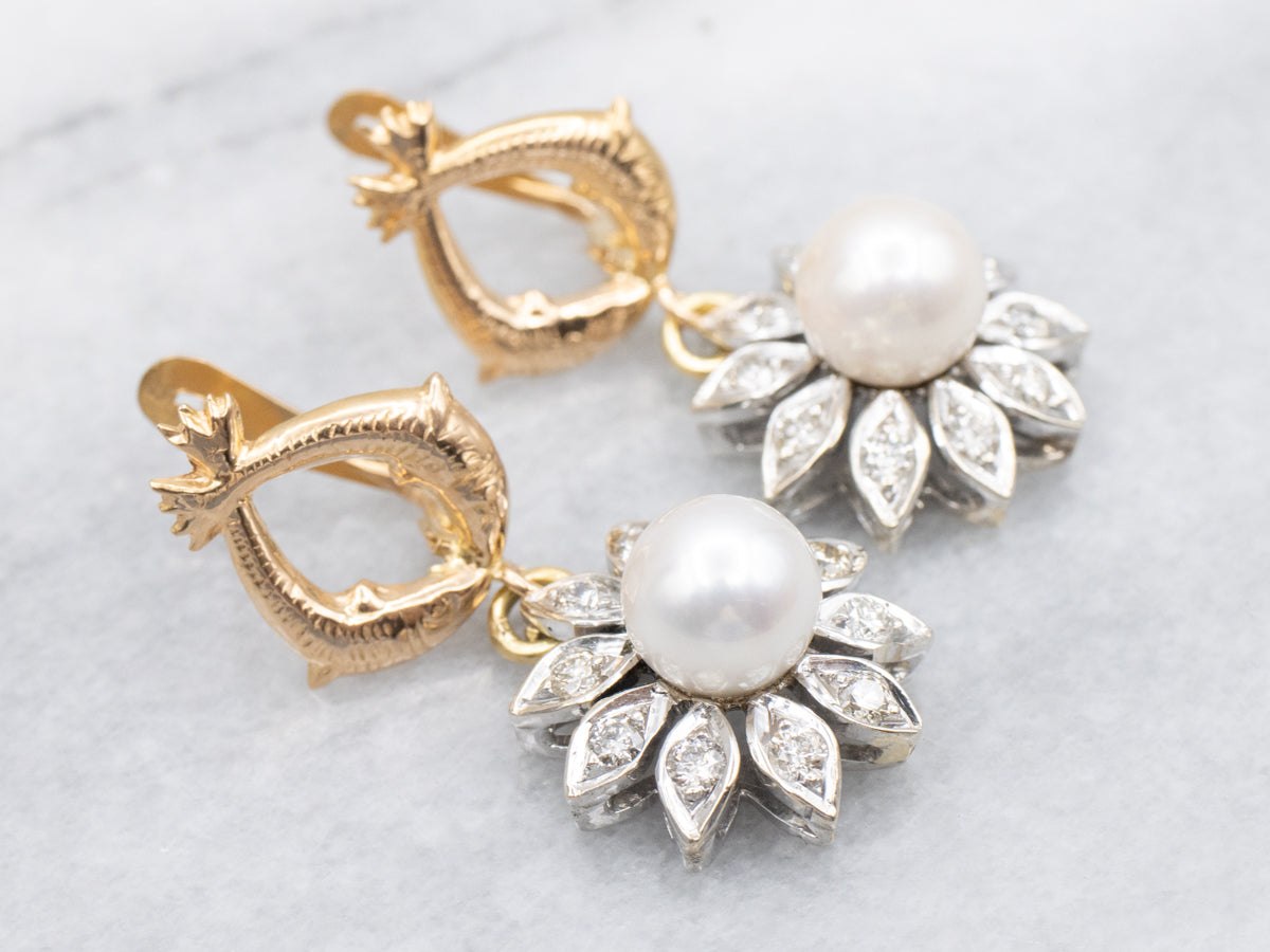 Two Tone Pearl and Diamond Floral Drop Earrings