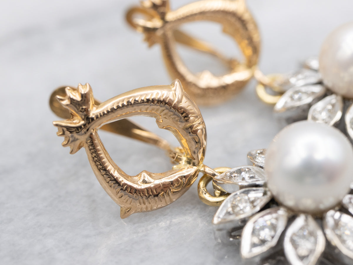 Two Tone Pearl and Diamond Floral Drop Earrings