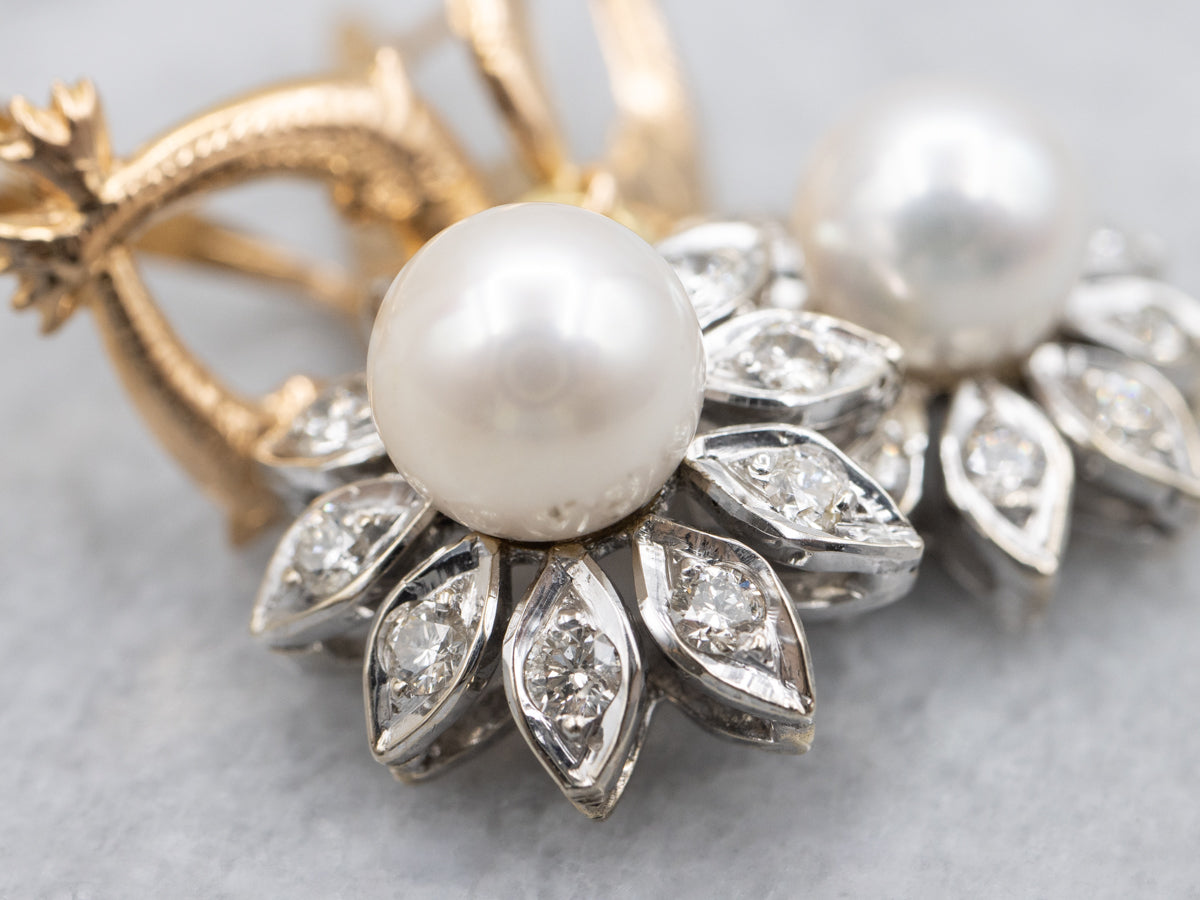 Two Tone Pearl and Diamond Floral Drop Earrings
