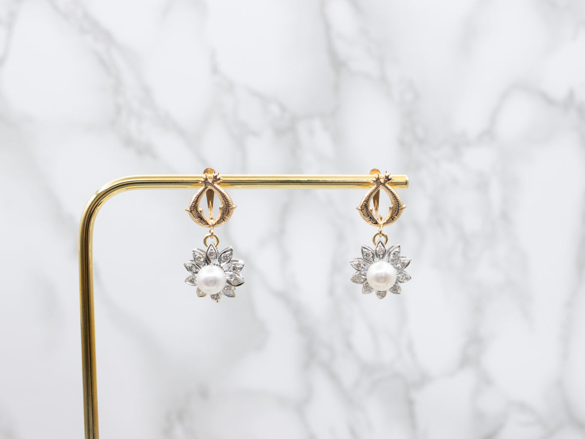 Two Tone Pearl and Diamond Floral Drop Earrings