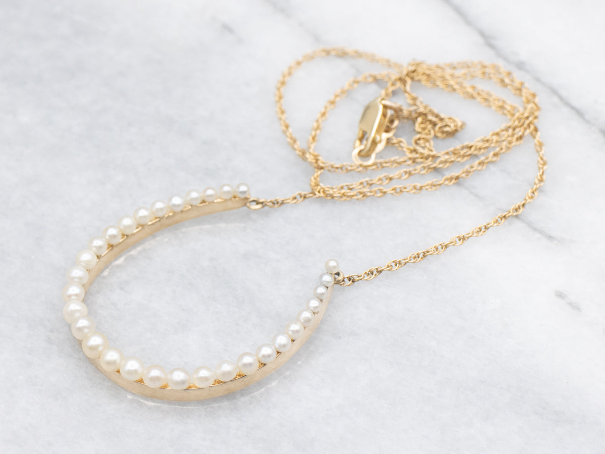 Seed Pearl and Gold Lucky Horseshoe Necklace