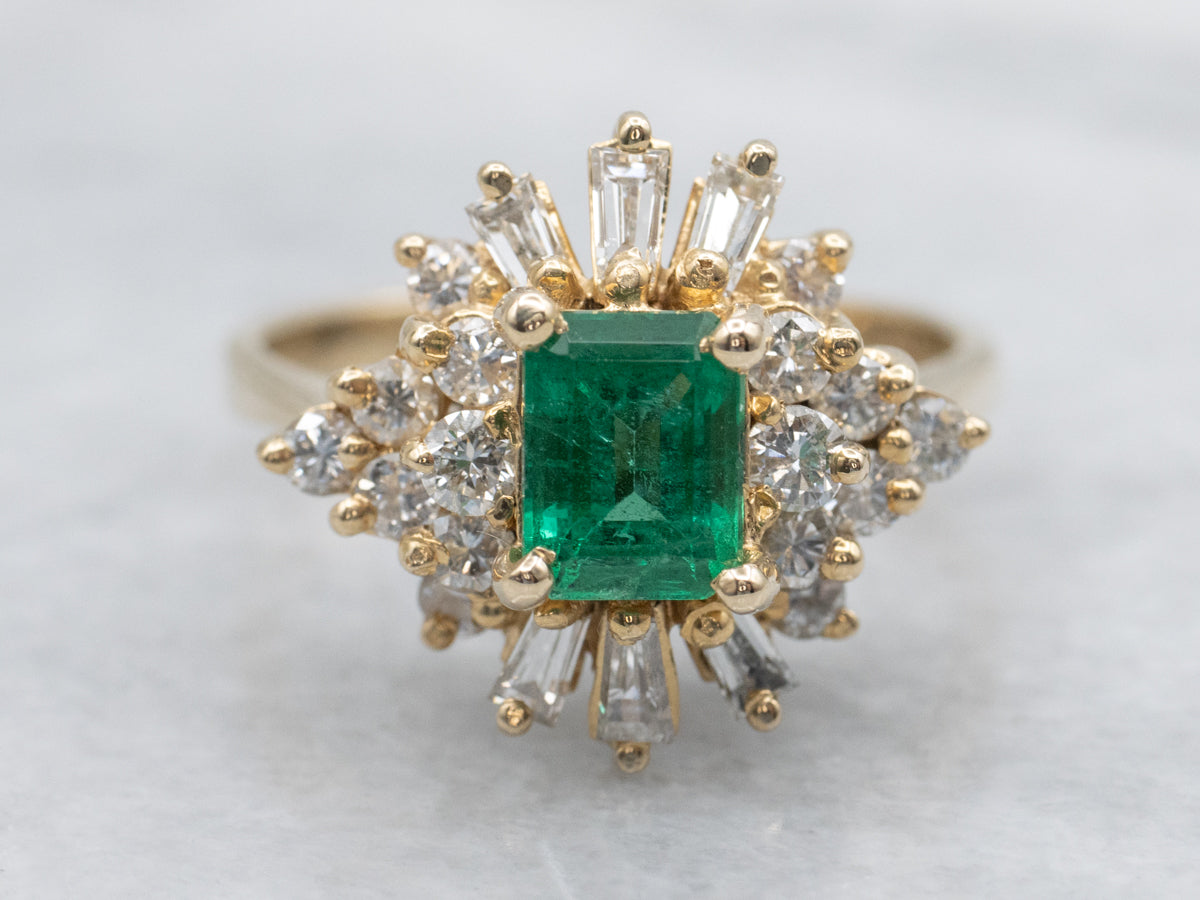Vintage Emerald and Diamond Halo Gold Ring