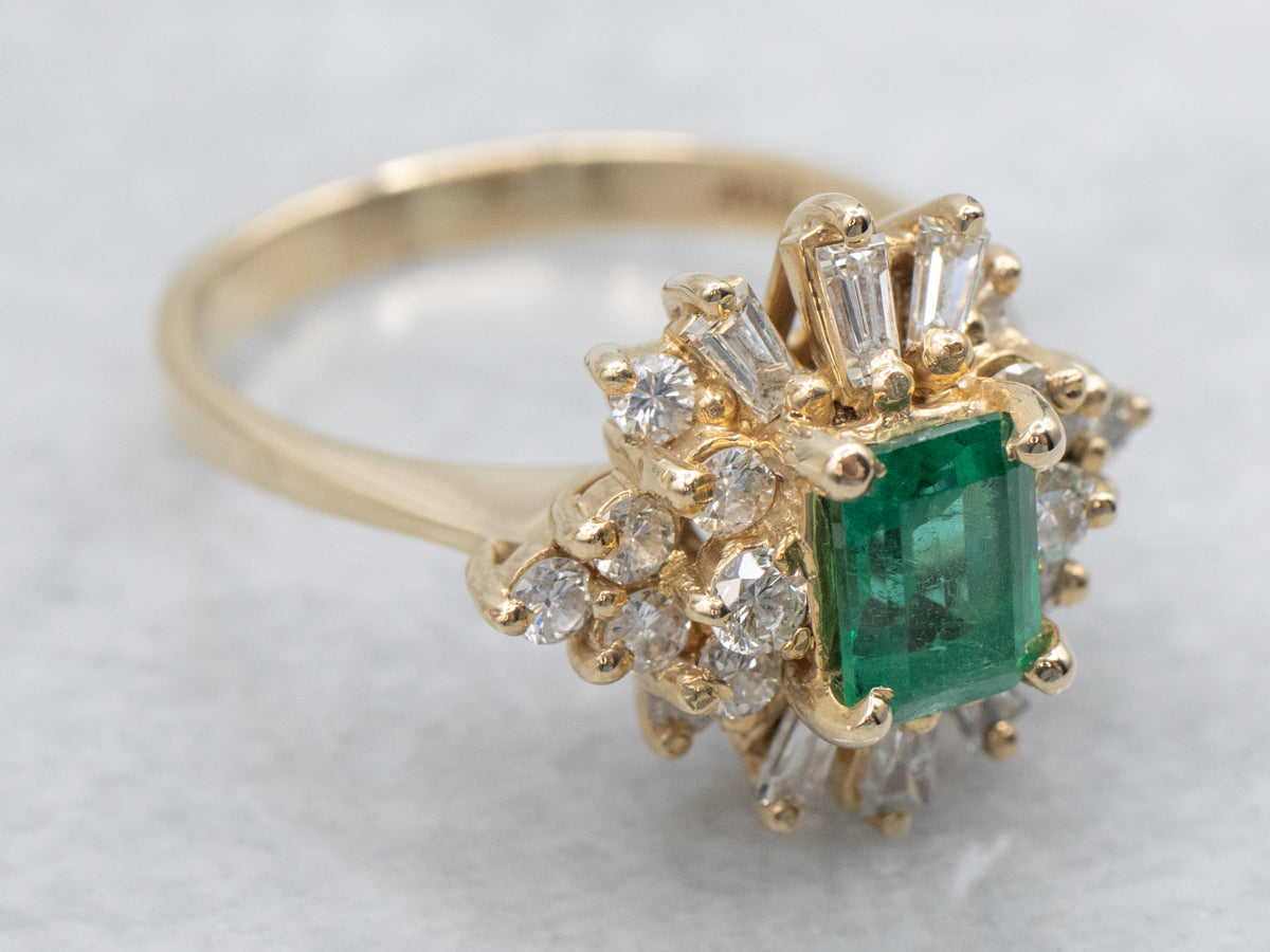 Vintage Emerald and Diamond Halo Gold Ring