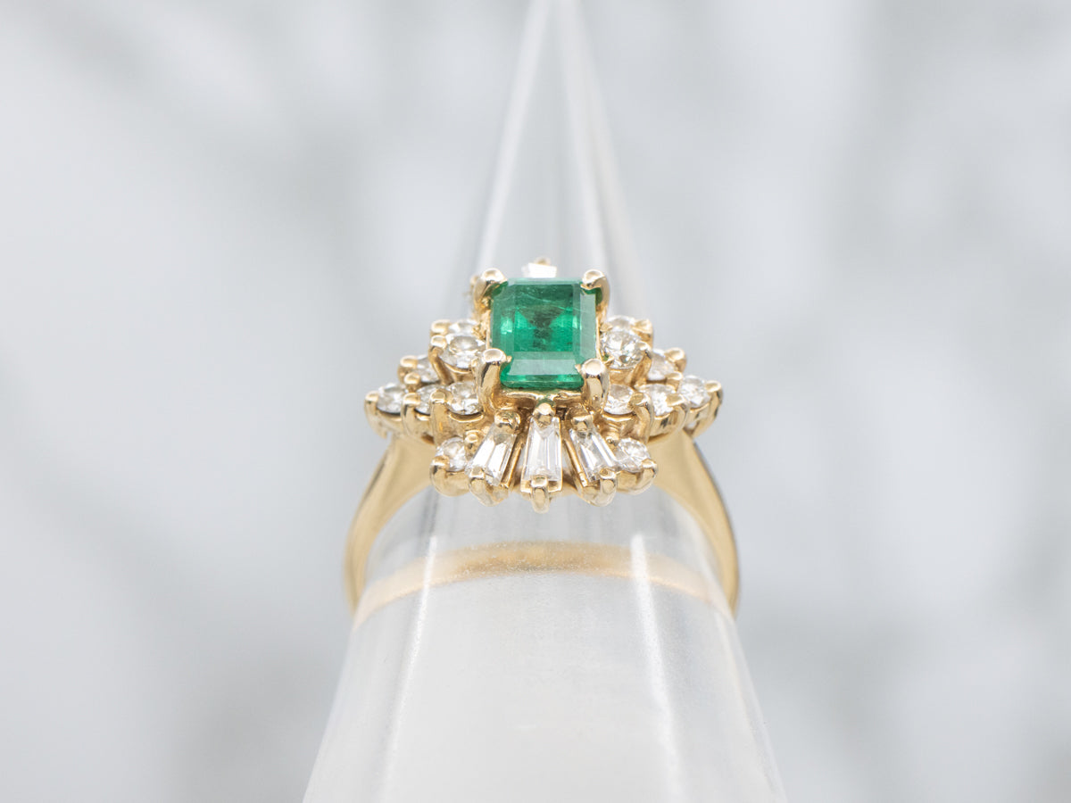 Vintage Emerald and Diamond Halo Gold Ring