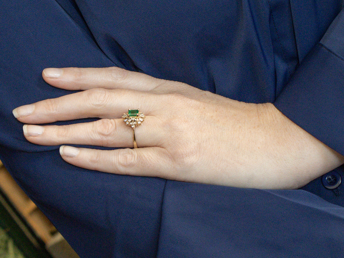 Vintage Emerald and Diamond Halo Gold Ring