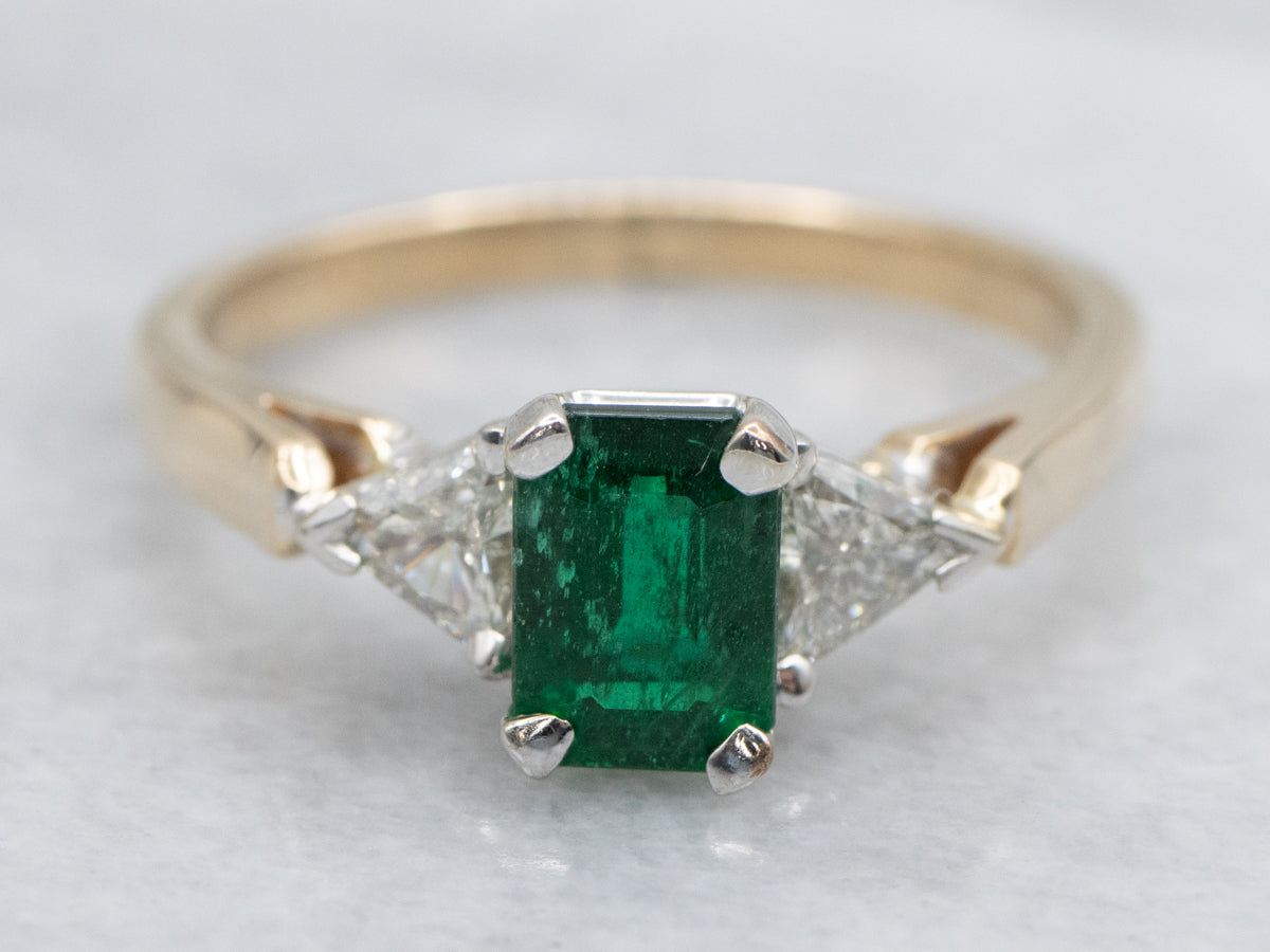 Emerald Ring with Trillion-Cut Diamonds