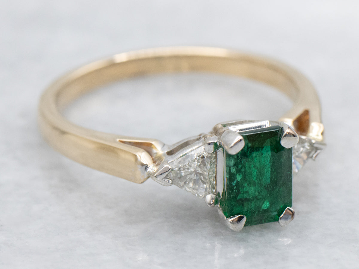 Emerald Ring with Trillion-Cut Diamonds