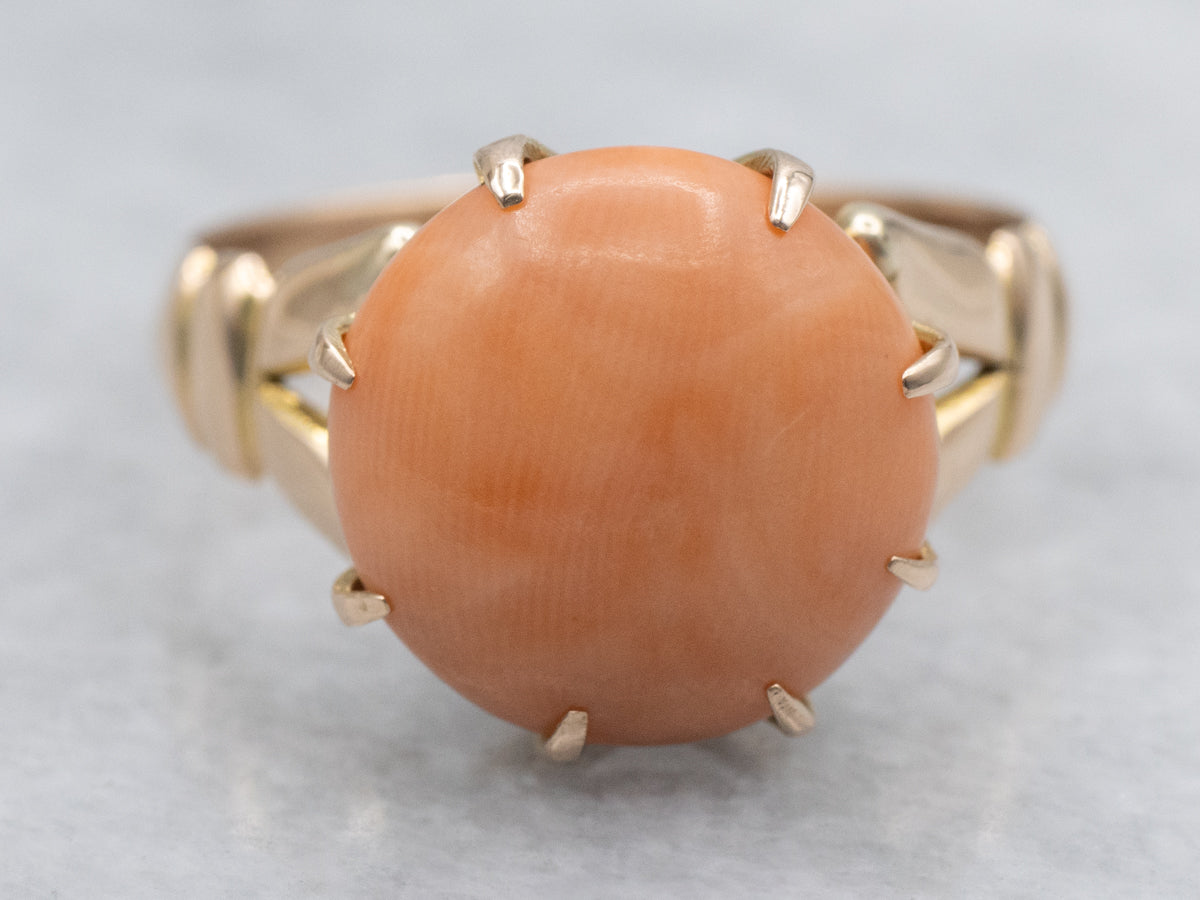Antique Coral Cabochon Ring with Split Shoulders