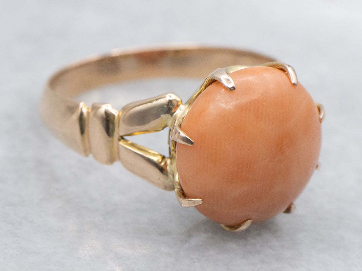 Antique Coral Cabochon Ring with Split Shoulders