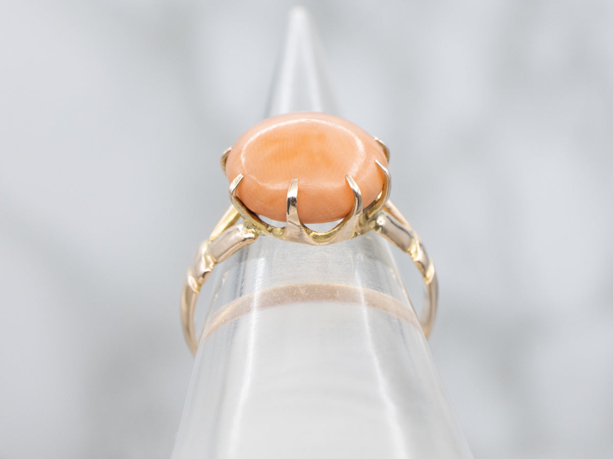 Antique Coral Cabochon Ring with Split Shoulders