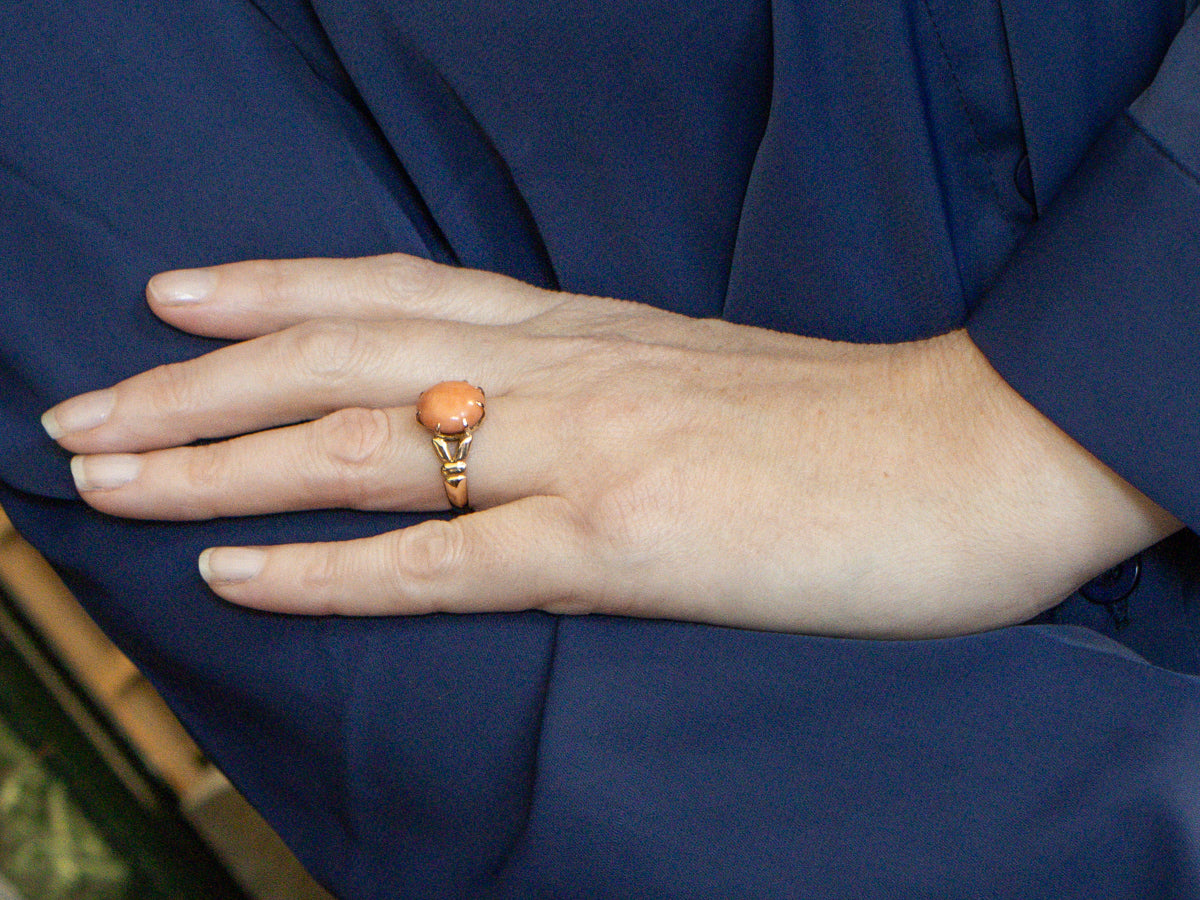 Antique Coral Cabochon Ring with Split Shoulders