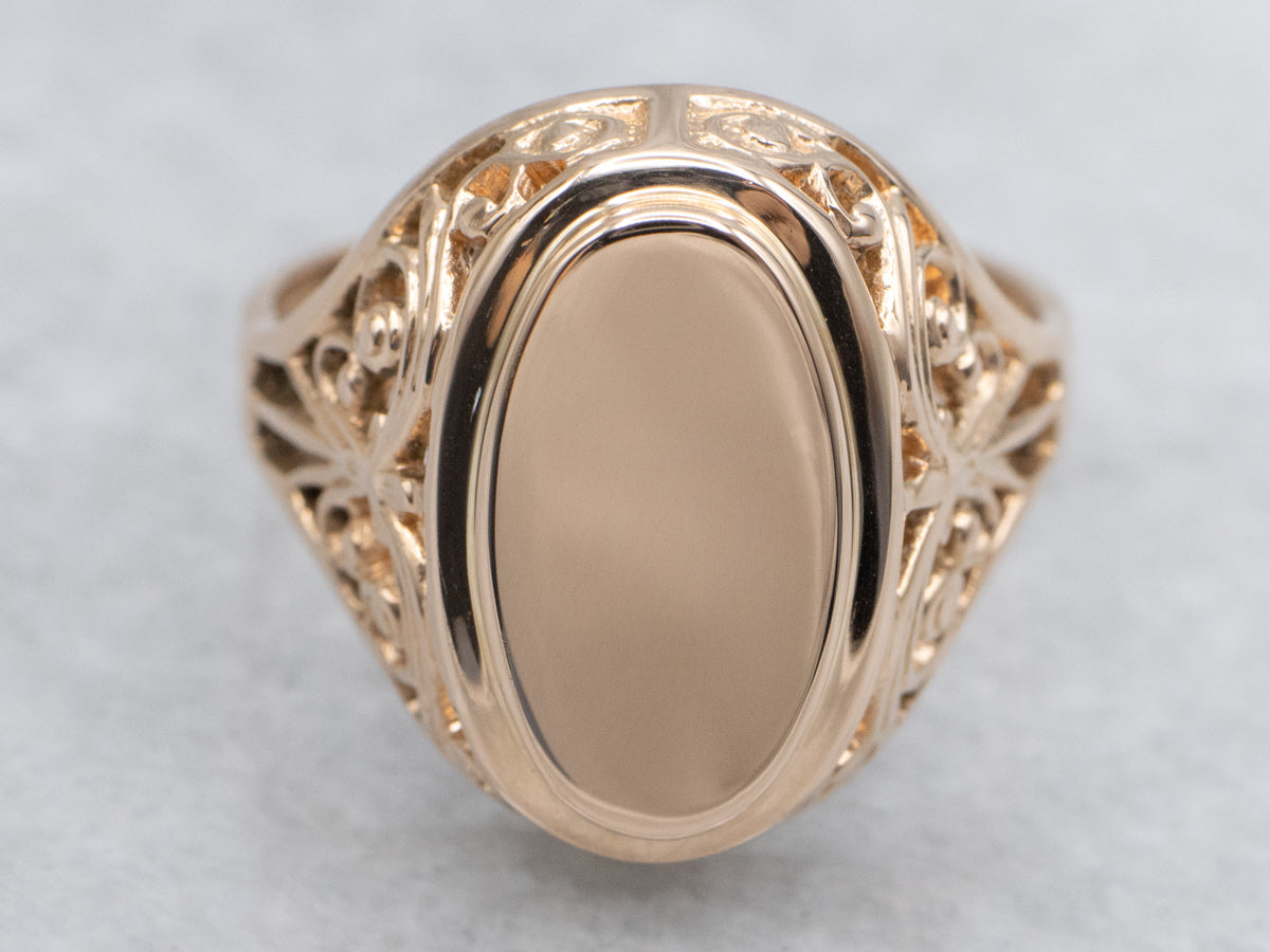 Elongated Oval Rose Gold Vintage Signet Ring with Pierced Shoulders