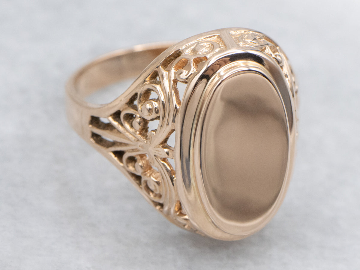 Elongated Oval Rose Gold Vintage Signet Ring with Pierced Shoulders