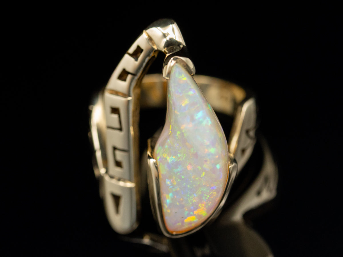 Modern Freeform Opal Cocktail Ring with Greek Key Patterned Motif