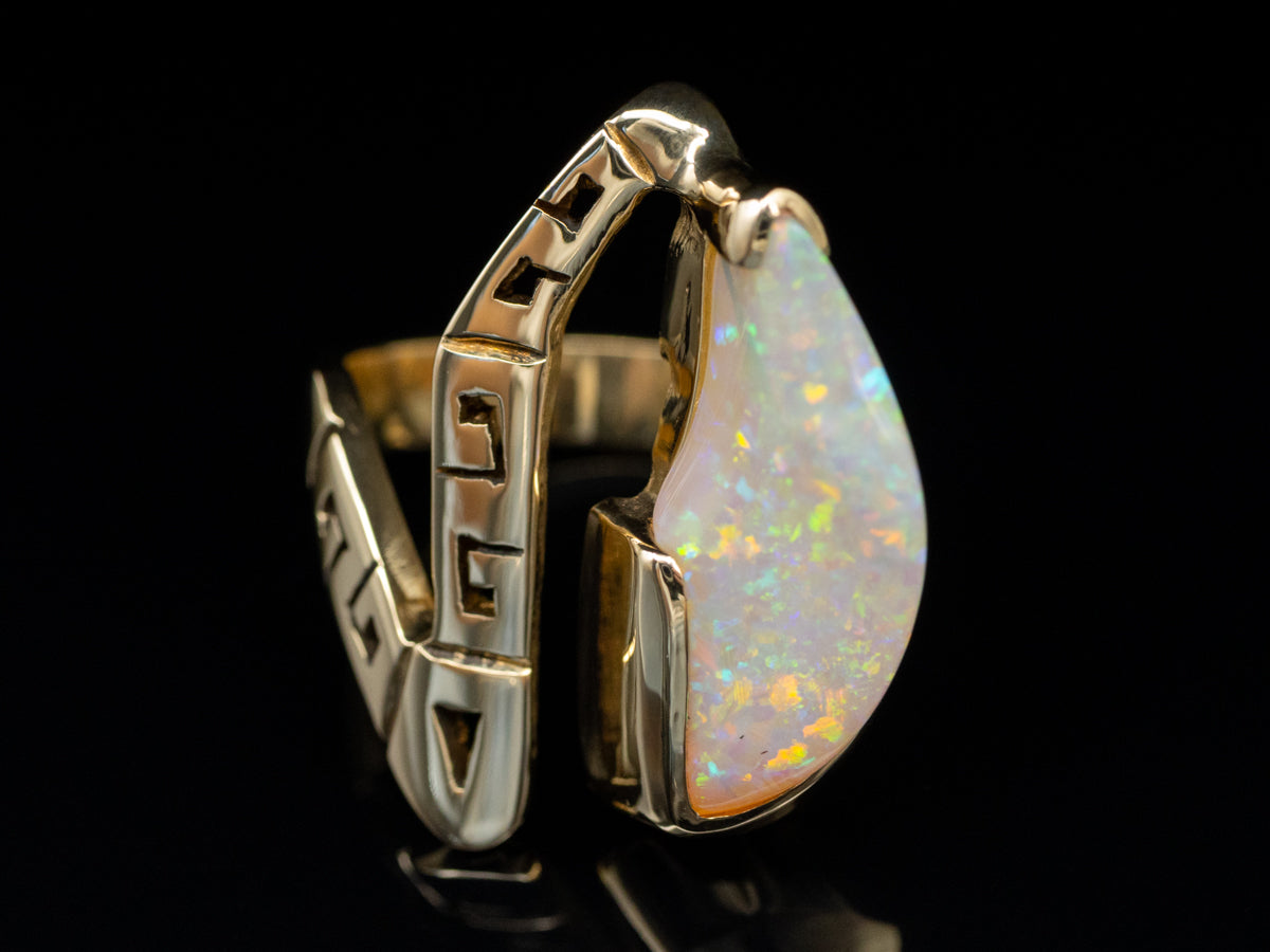 Modern Freeform Opal Cocktail Ring with Greek Key Patterned Motif