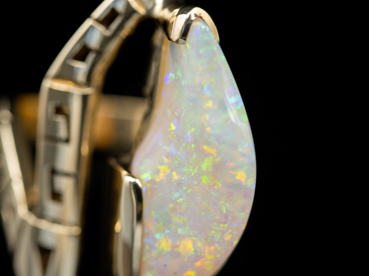 Modern Freeform Opal Cocktail Ring with Greek Key Patterned Motif