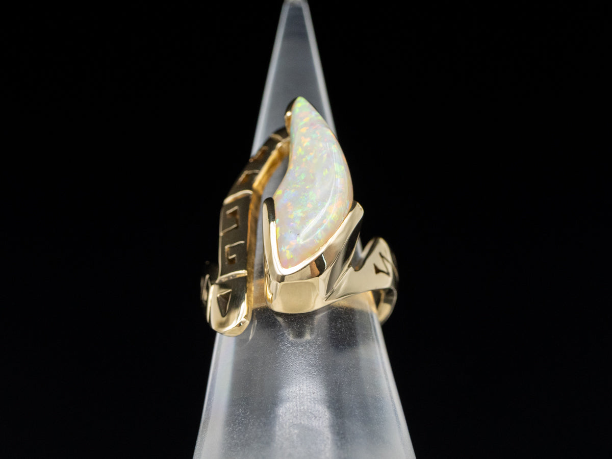 Modern Freeform Opal Cocktail Ring with Greek Key Patterned Motif