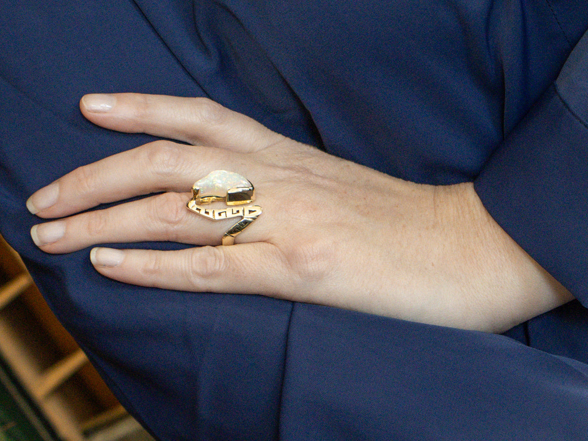 Modern Freeform Opal Cocktail Ring with Greek Key Patterned Motif