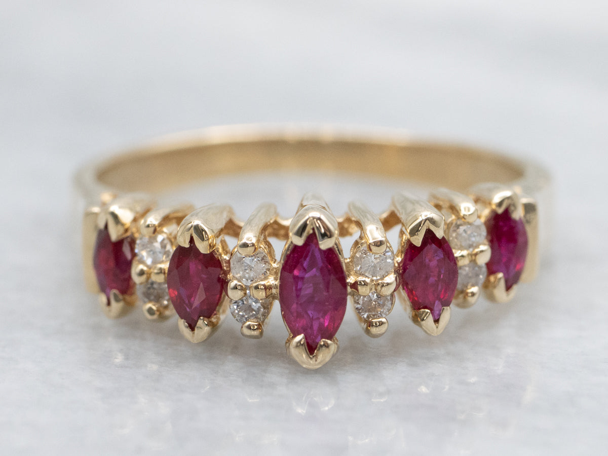 Marquise Cut Ruby and Diamond Yellow Gold Ring