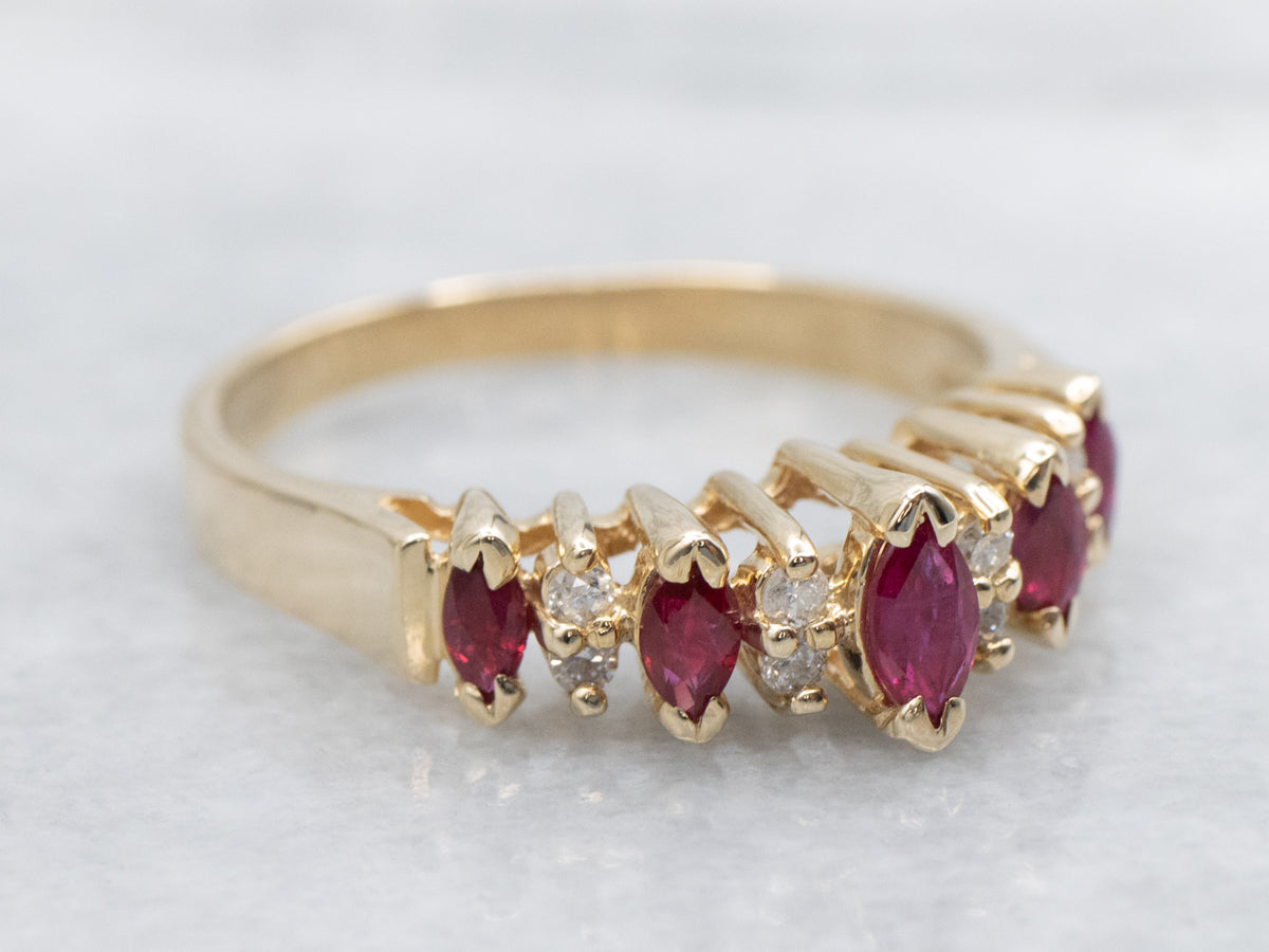 Marquise Cut Ruby and Diamond Yellow Gold Ring