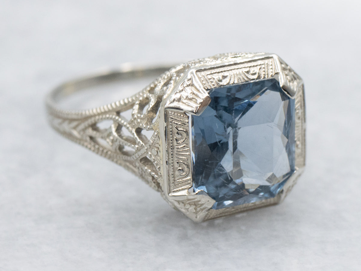 Blue Spinel in 1920s Ostby and Barton Solitaire Filigree Setting
