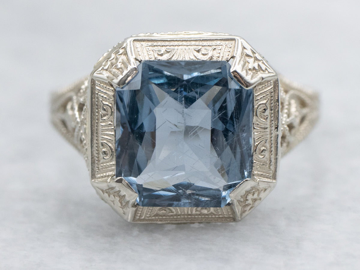 Blue Spinel in 1920s Ostby and Barton Solitaire Filigree Setting