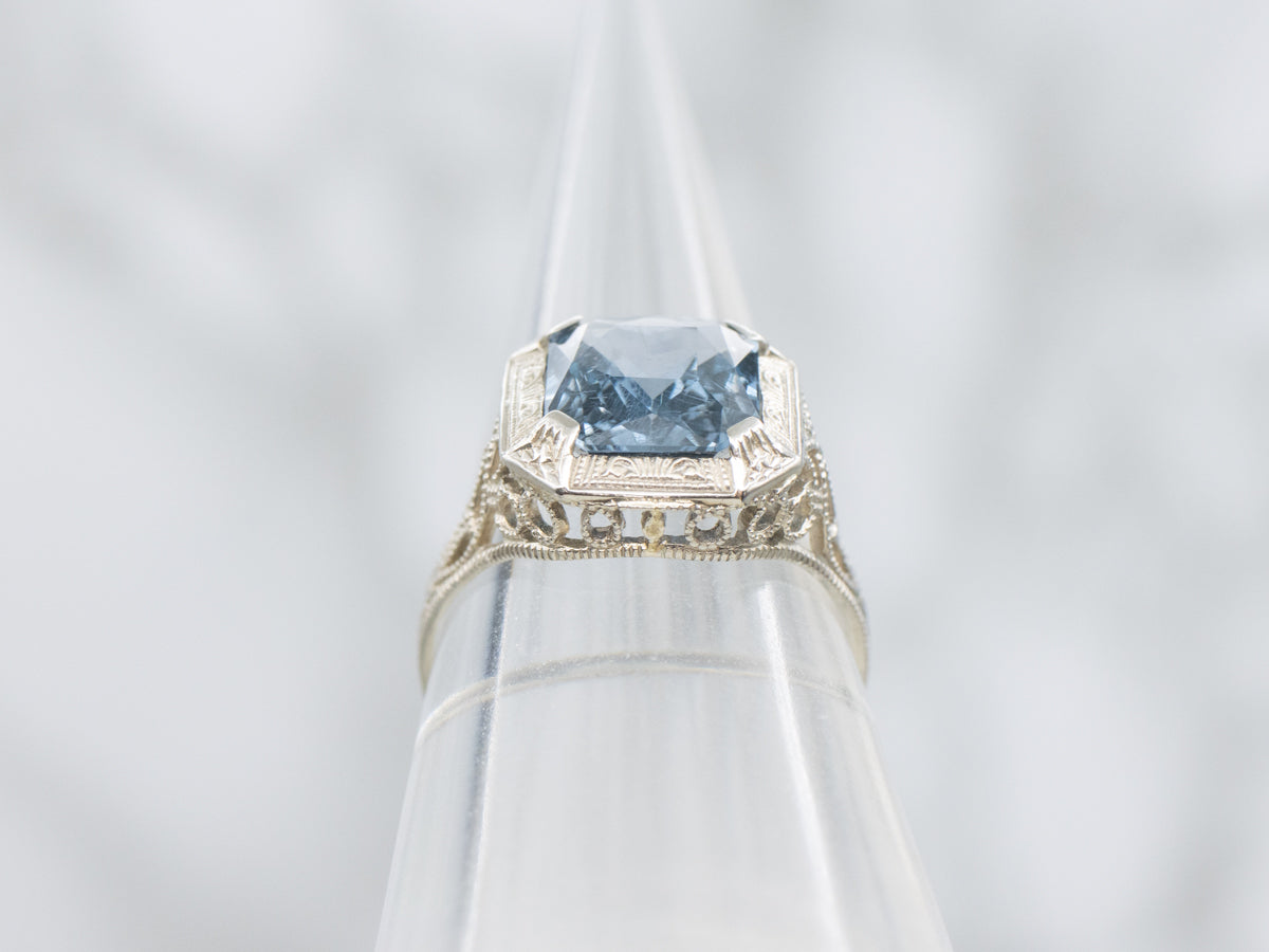 Blue Spinel in 1920s Ostby and Barton Solitaire Filigree Setting
