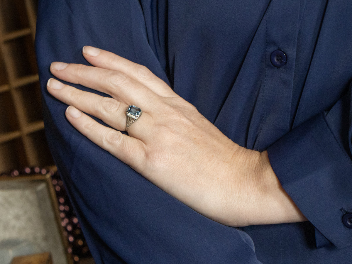 Blue Spinel in 1920s Ostby and Barton Solitaire Filigree Setting