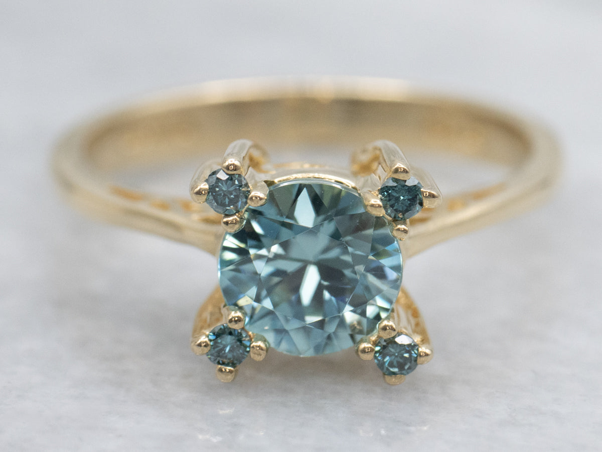 Blue Zircon and Enhanced Blue Diamond Sweetheart Gold Ring