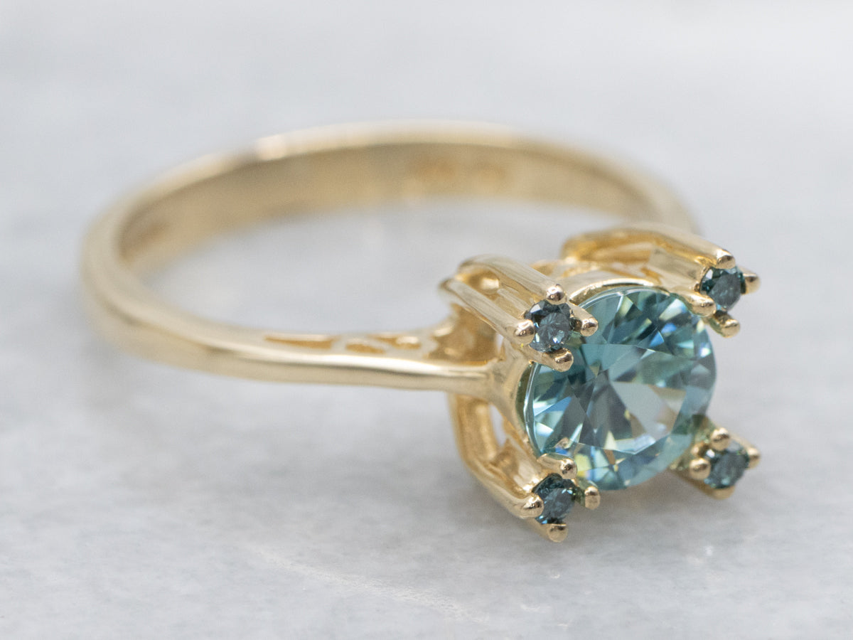 Blue Zircon and Enhanced Blue Diamond Sweetheart Gold Ring
