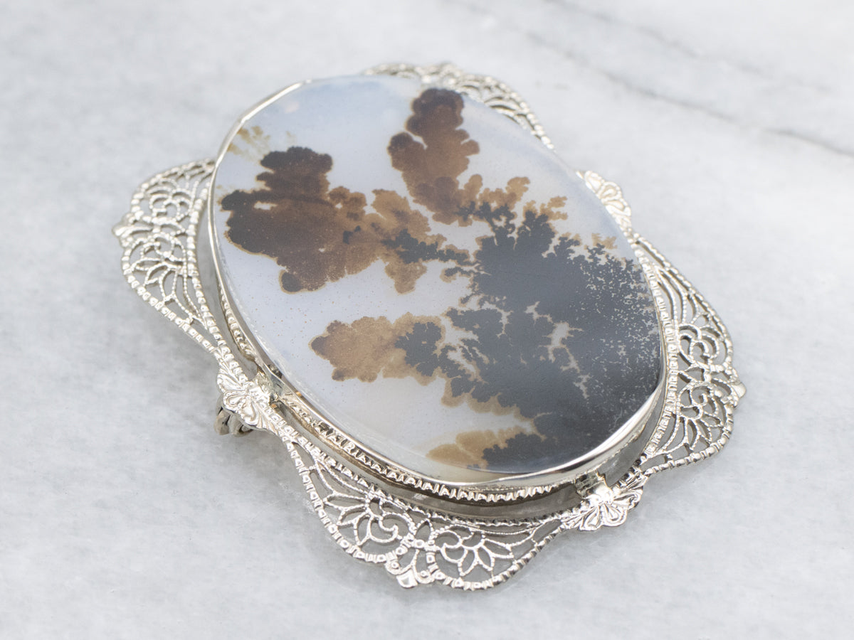 Dendritic Agate Art Deco Era Gold Filigree Brooch