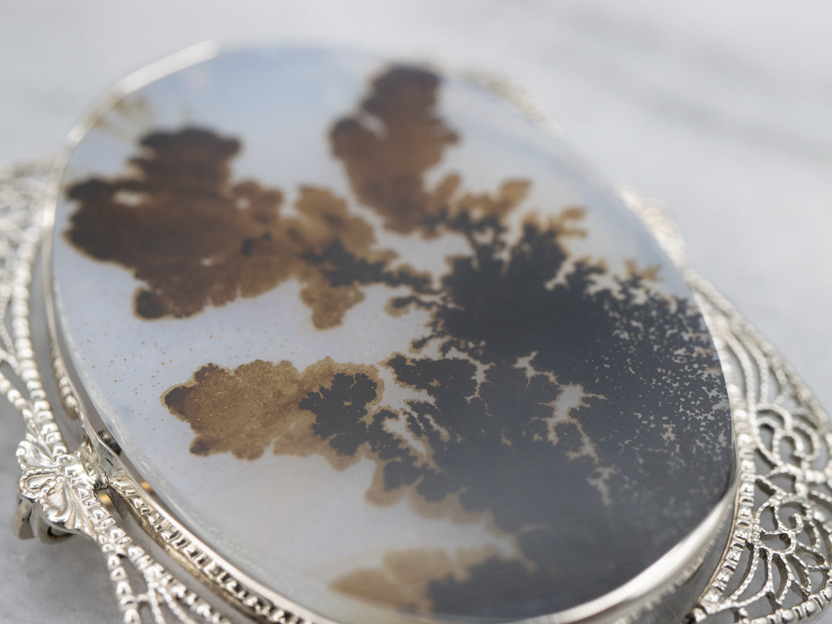 Dendritic Agate Art Deco Era Gold Filigree Brooch