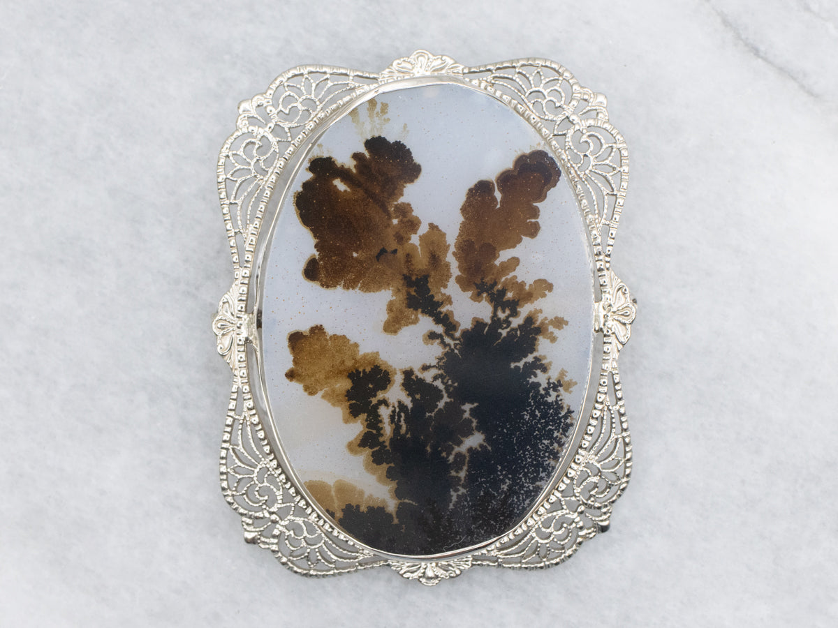 Dendritic Agate Art Deco Era Gold Filigree Brooch