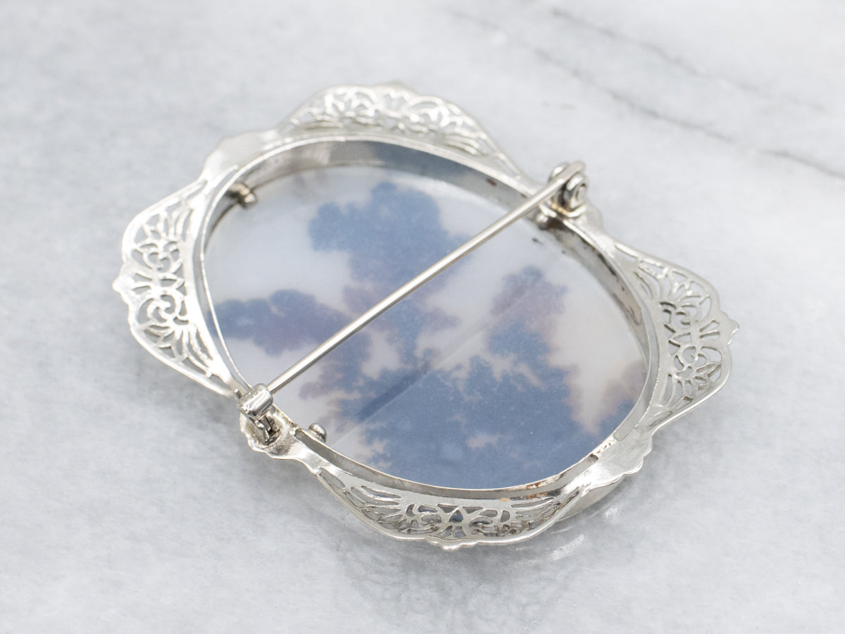 Dendritic Agate Art Deco Era Gold Filigree Brooch