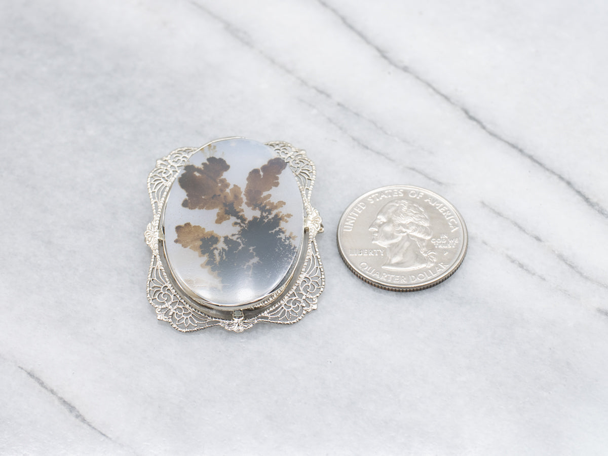 Dendritic Agate Art Deco Era Gold Filigree Brooch