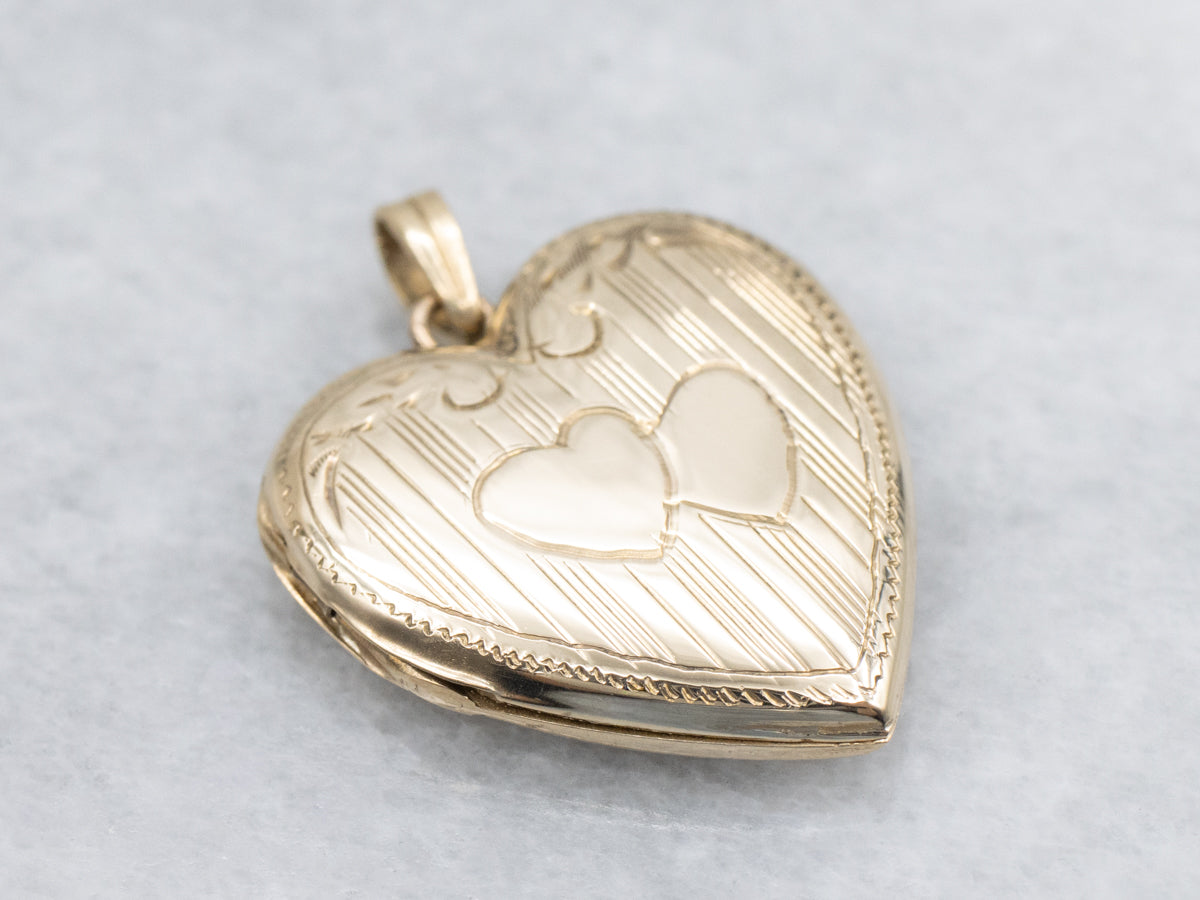 Heart Shaped Engraved Yellow Gold Vintage Locket