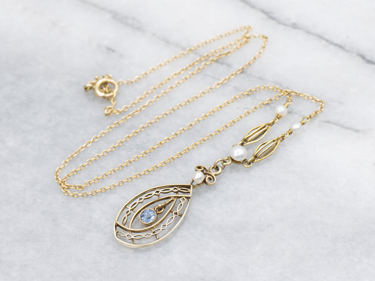 Antique Gold Sapphire and Pearl Lavalier Pendant Necklace