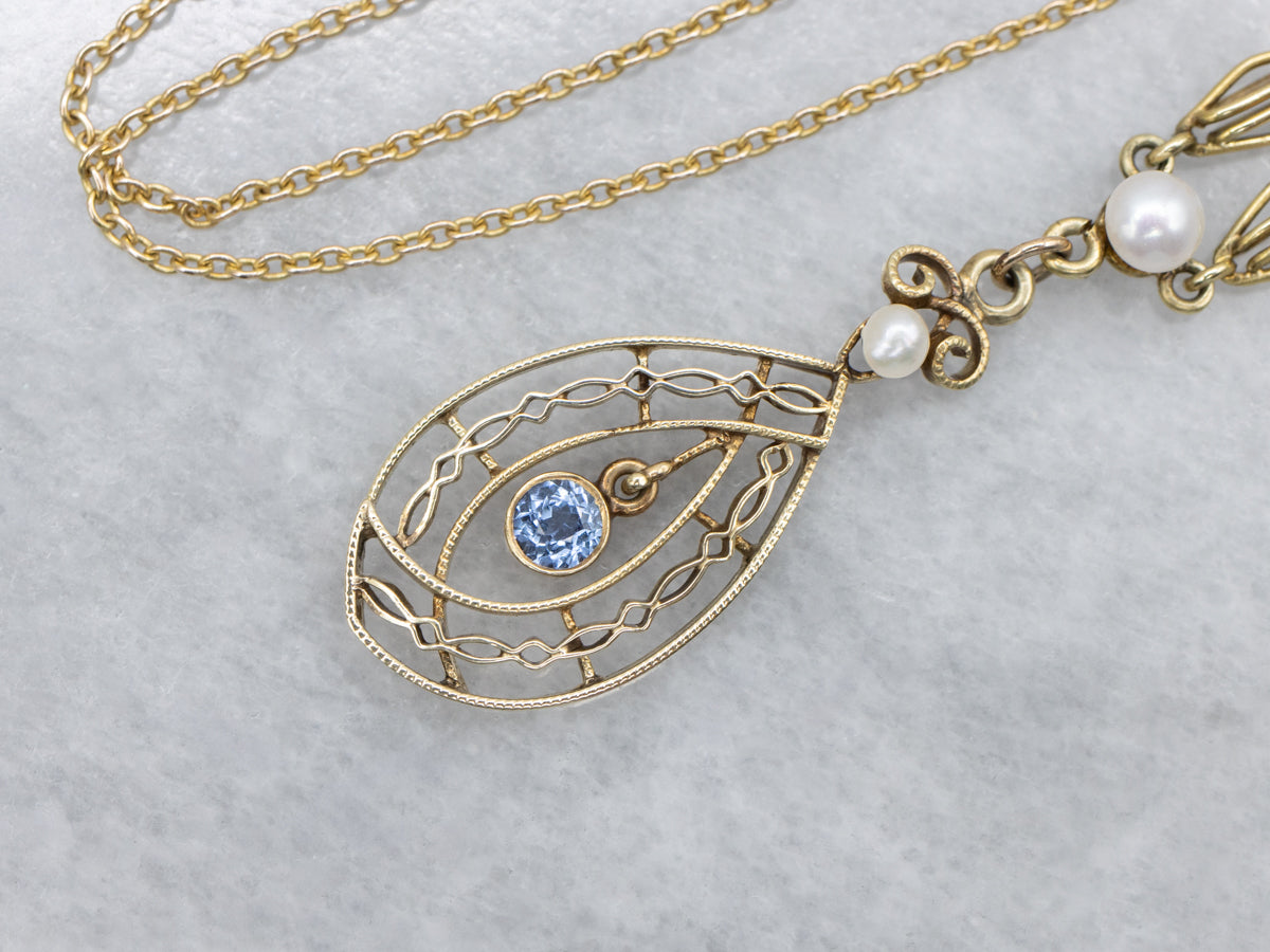 Antique Gold Sapphire and Pearl Lavalier Pendant Necklace