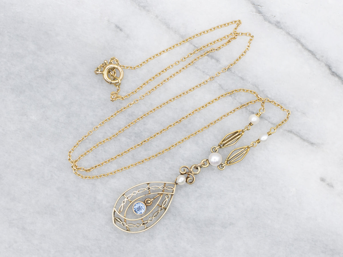 Antique Gold Sapphire and Pearl Lavalier Pendant Necklace