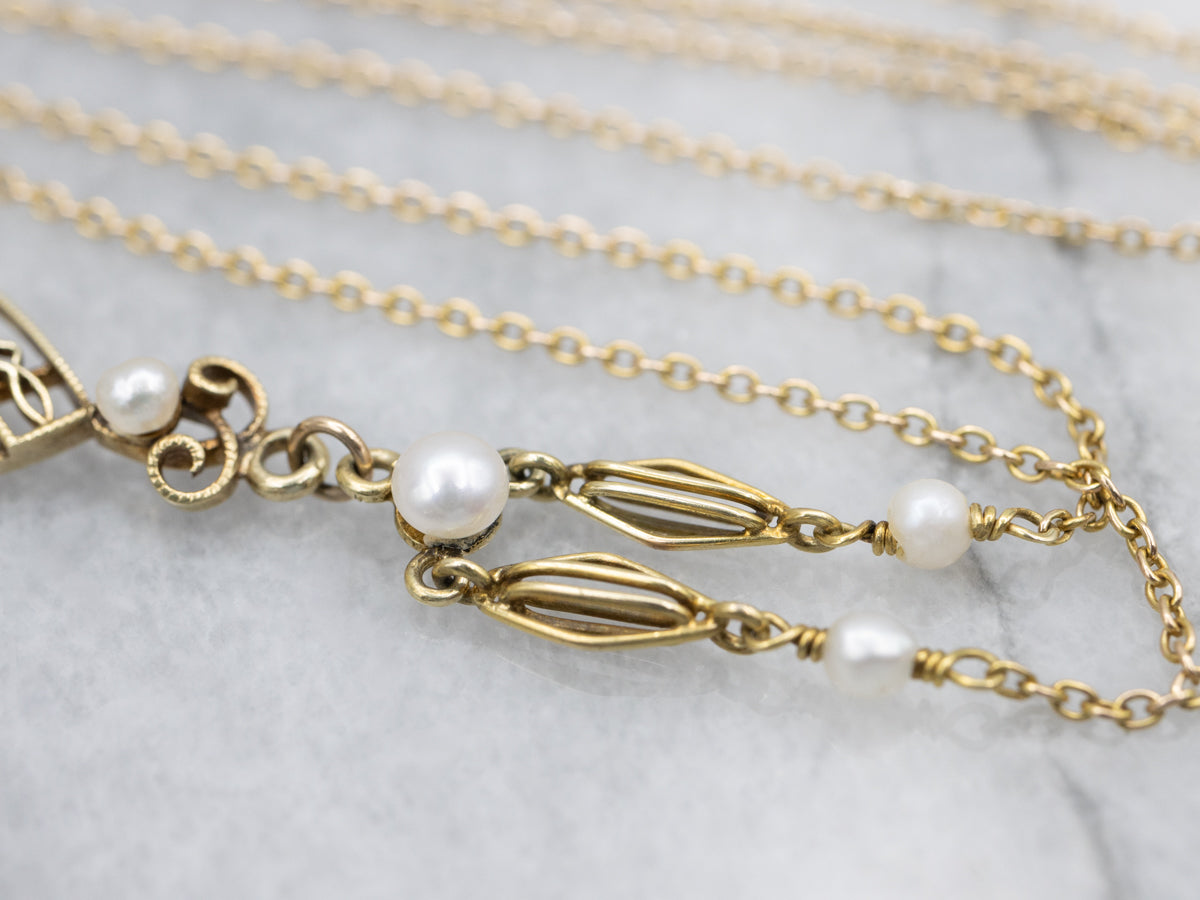 Antique Gold Sapphire and Pearl Lavalier Pendant Necklace