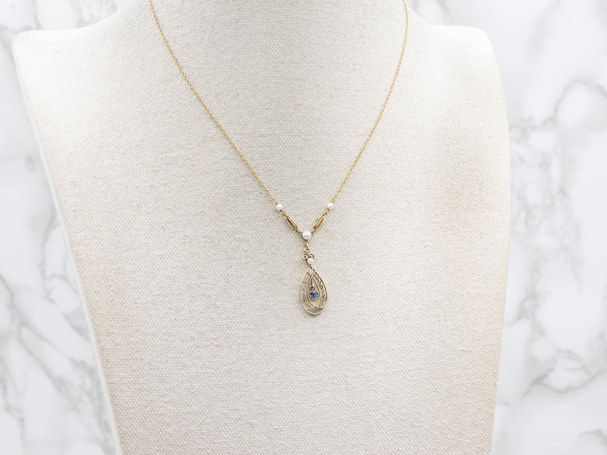 Antique Gold Sapphire and Pearl Lavalier Pendant Necklace